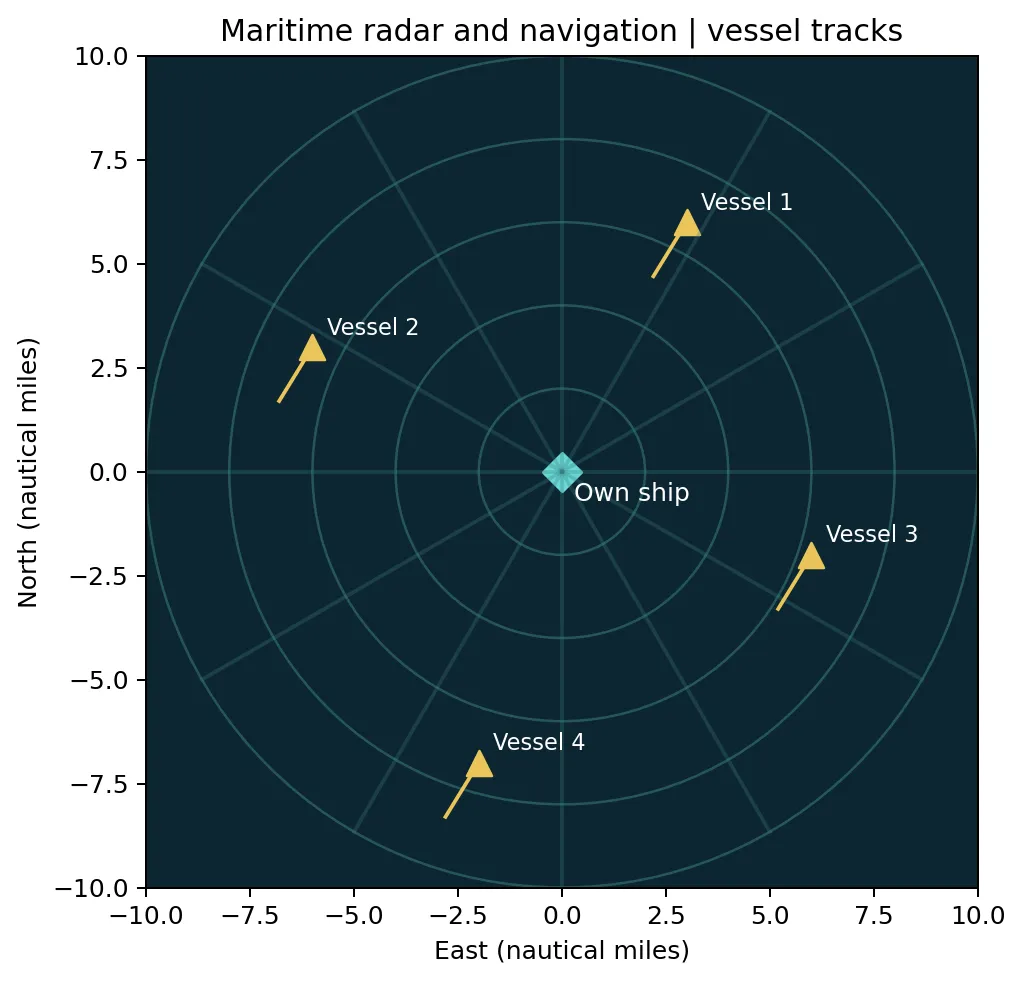 Synthetic maritime radar plot with an own ship at the center and four vessels shown with heading lines